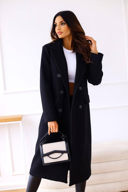 Women's Fashion Simple Double Breasted Long Sleeve Lapel Button Woolen Coat