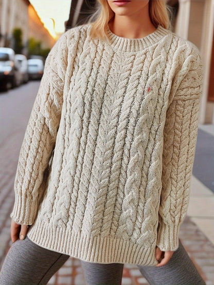 Vintage Vertical Stripes Twist Round Neck Long Sleeve Knitted Pullover Thick Needle Sweater For Women