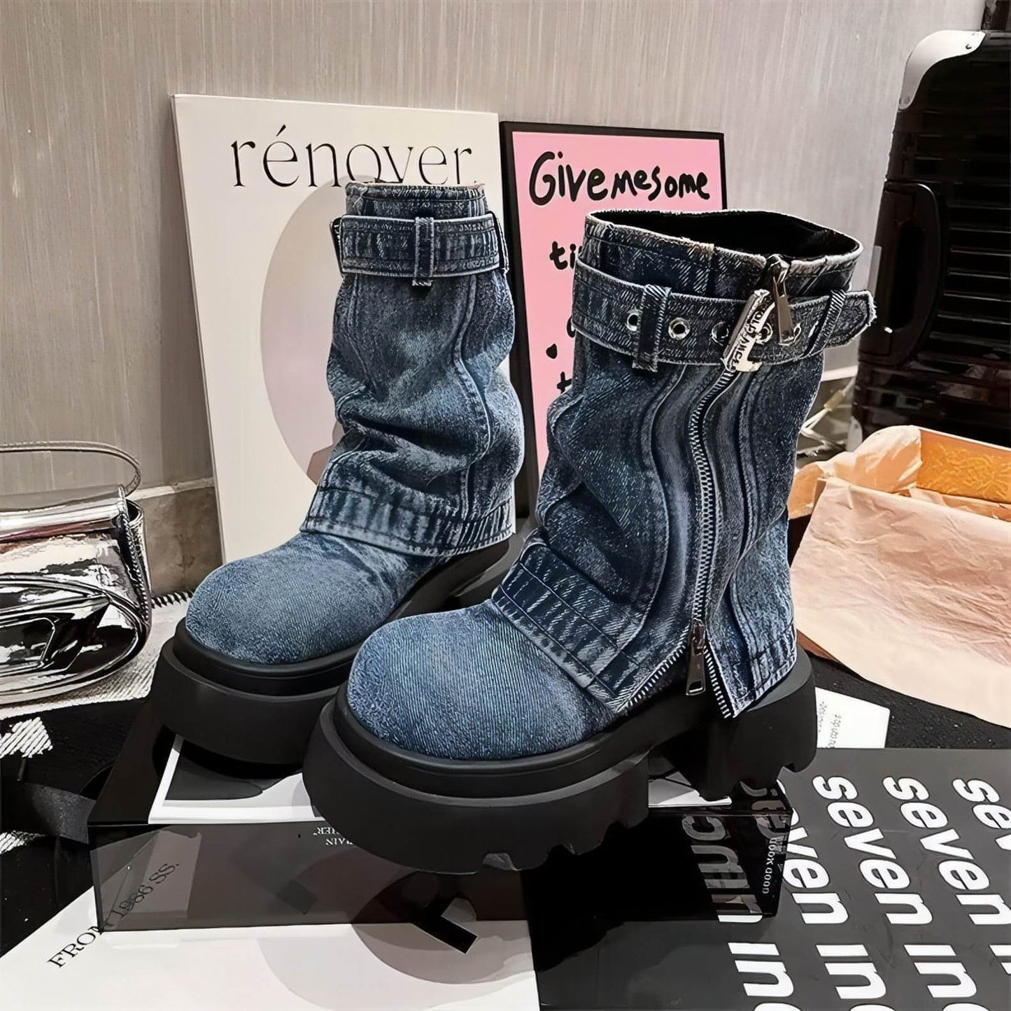 Boots Denim Fake Two Pieces Pile Style Boots Motorcycle Boots