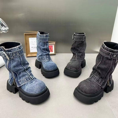 Boots Denim Fake Two Pieces Pile Style Boots Motorcycle Boots