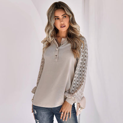 Casual Lace Button Top Women T-Shirt