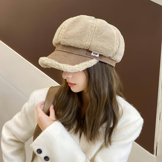 Faux Cashmere Fashion Leather Tag Octagonal Winter Warm Peaked Cap Hat