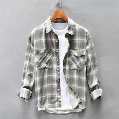 High-end Pure Cotton Trendy Plaid Long-sleeved DressShirt Men