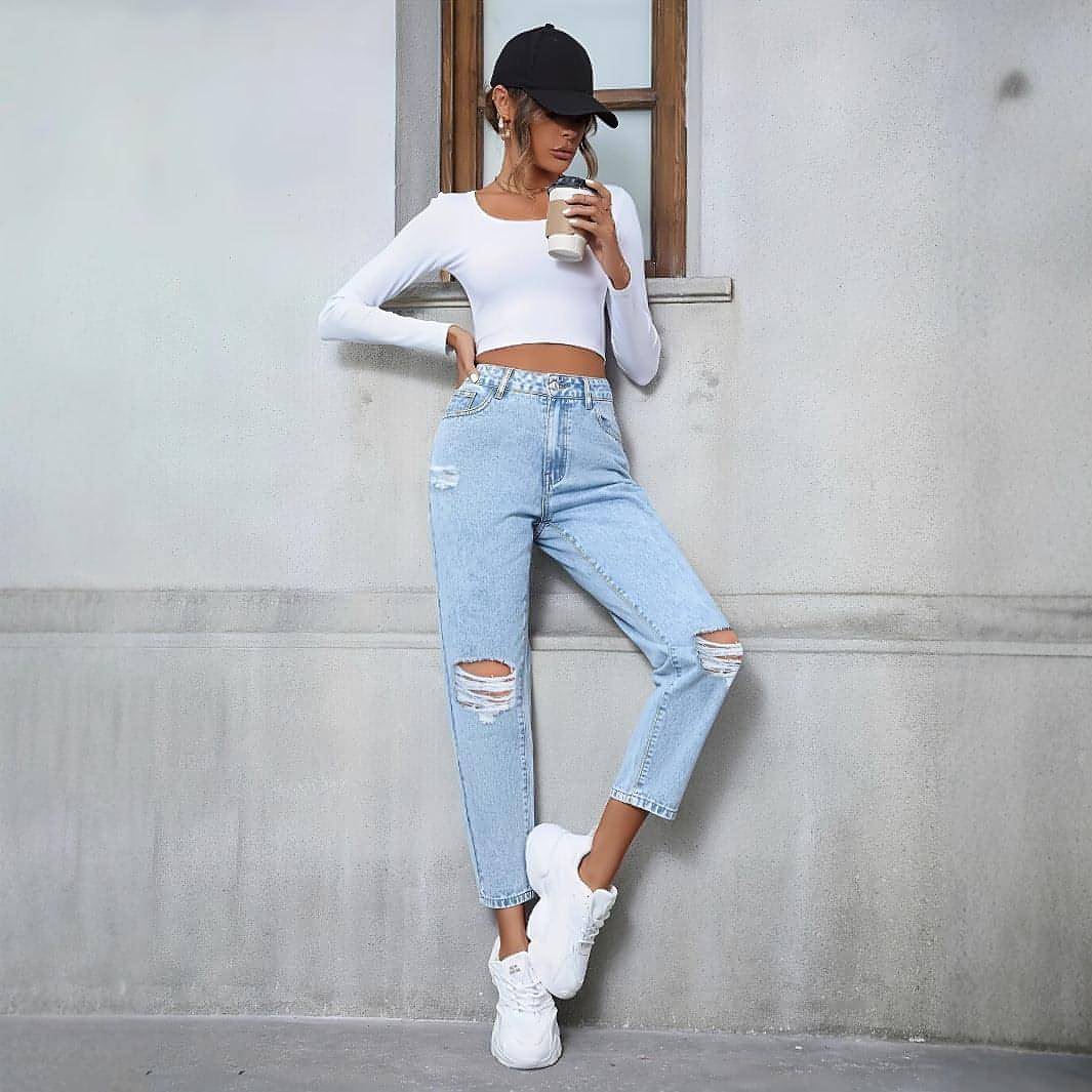 Women's Casual Loose Straight Ripped Denim Jeans