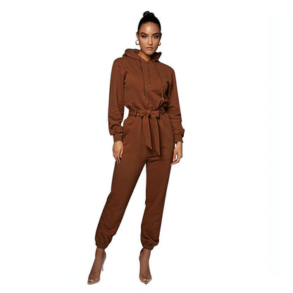 Slim-fit Long Sleeve Solid Color Hooded Half-open Collar Urban Leisure Women's Jumpsuit