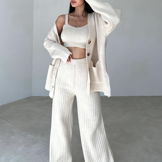 Sweater Button Cardigan Vest Pants Three-piece Set