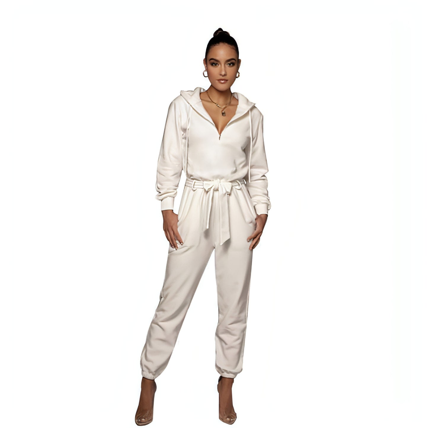 Slim-fit Long Sleeve Solid Color Hooded Half-open Collar Urban Leisure Women's Jumpsuit