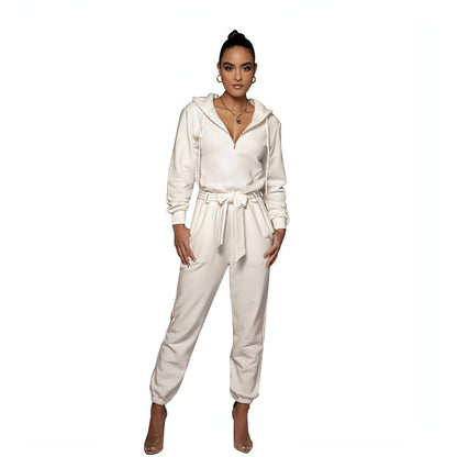 Slim-fit Long Sleeve Solid Color Hooded Half-open Collar Urban Leisure Women's Jumpsuit