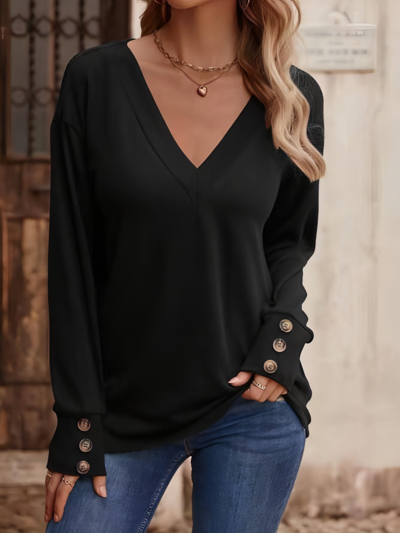 V-neck Loose Long Sleeve T-shirt Button Women