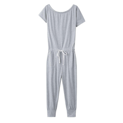 Schulterfreier Jumpsuit mit kurzen Ärmeln, Taschen und Schnürung an der Schulter für Damen