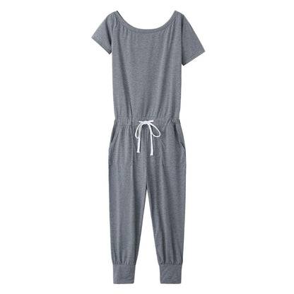 Schulterfreier Jumpsuit mit kurzen Ärmeln, Taschen und Schnürung an der Schulter für Damen