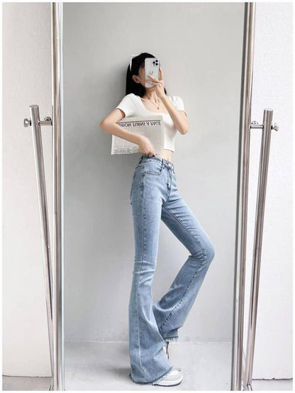 Mulheres retrô de jeans cruas de cintura alta