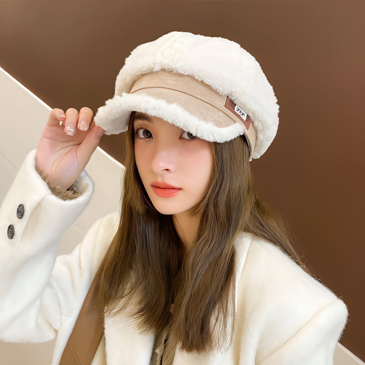 Faux Cashmere Fashion Leather Tag Octagonal Winter Warm Peaked Cap Hat