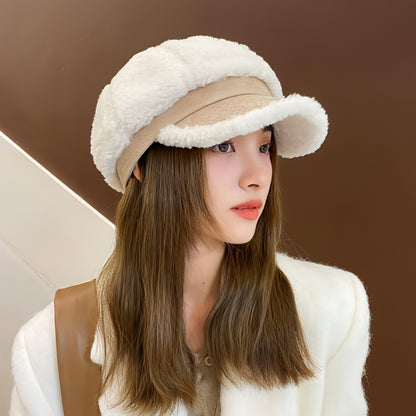 Faux Cashmere Fashion Leather Tag Octagonal Winter Warm Peaked Cap Hat