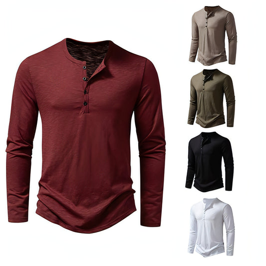 Mens roupas de manga comprida Botão de moda de moda Henry Collar Tops