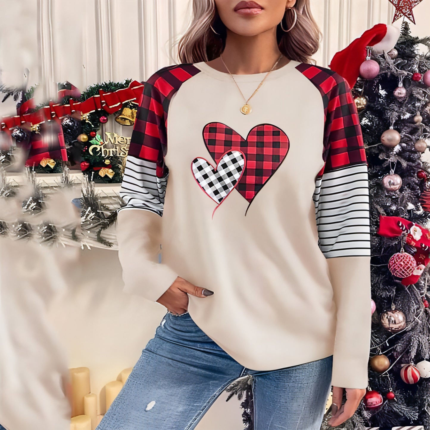 Women's Round Neck Long-sleeved Sweater Women's Plaid