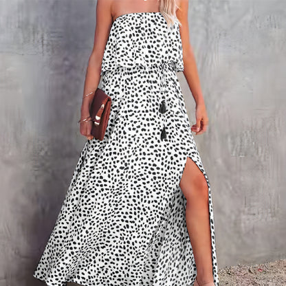 Leopard Print Floral-print Off-shoulder Ruffled Slit Dress