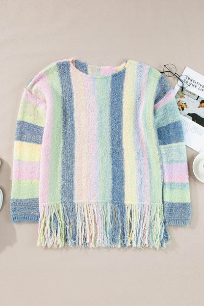 Purple Color Block Fringed Drop Shoulder Tunic Sweater