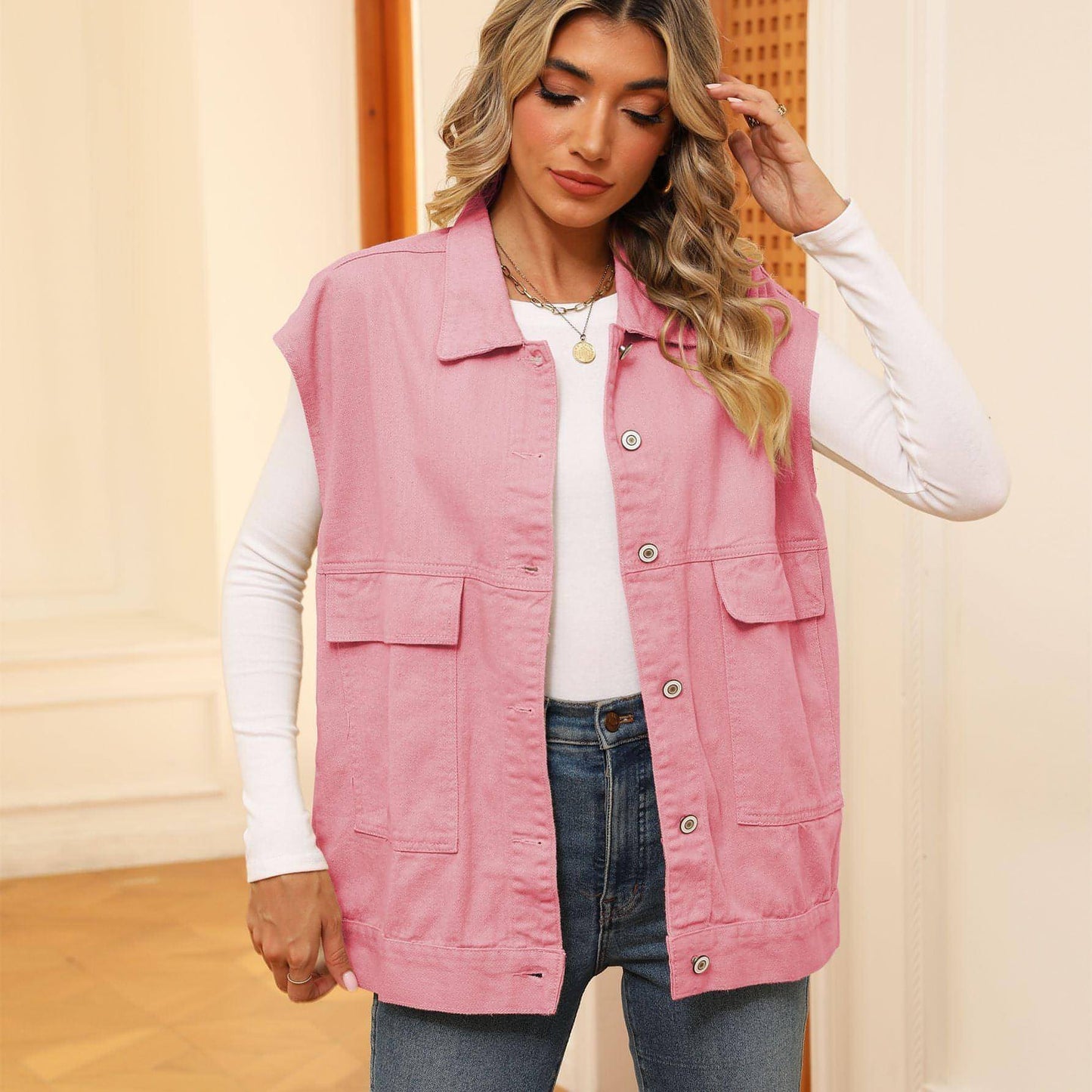 A.1 Denim Vest With Big Pockets Sleeveless Outwear Jacket for Women