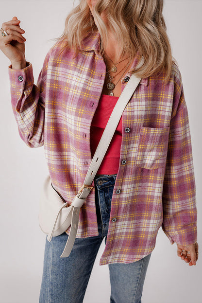 Pink Plaid Print Chest Pocket Long Sleeve Shacket