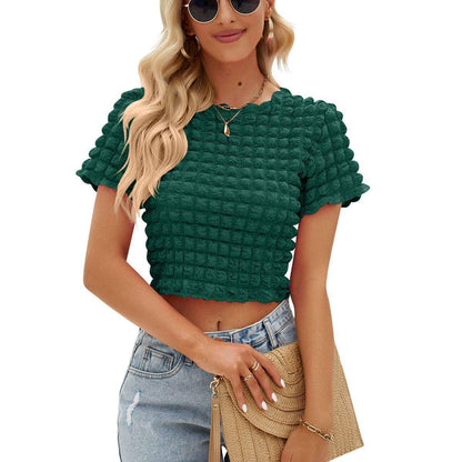 Women Popcorn Cropped Short Sleeve Top T-Shirt