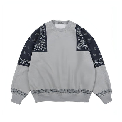 Retro Paisley Stitching Fleece-lined Crew Neck Sweater