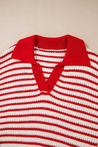 Red Stripe Lantern Sleeve V Neck Collared Drop Shoulder Sweater