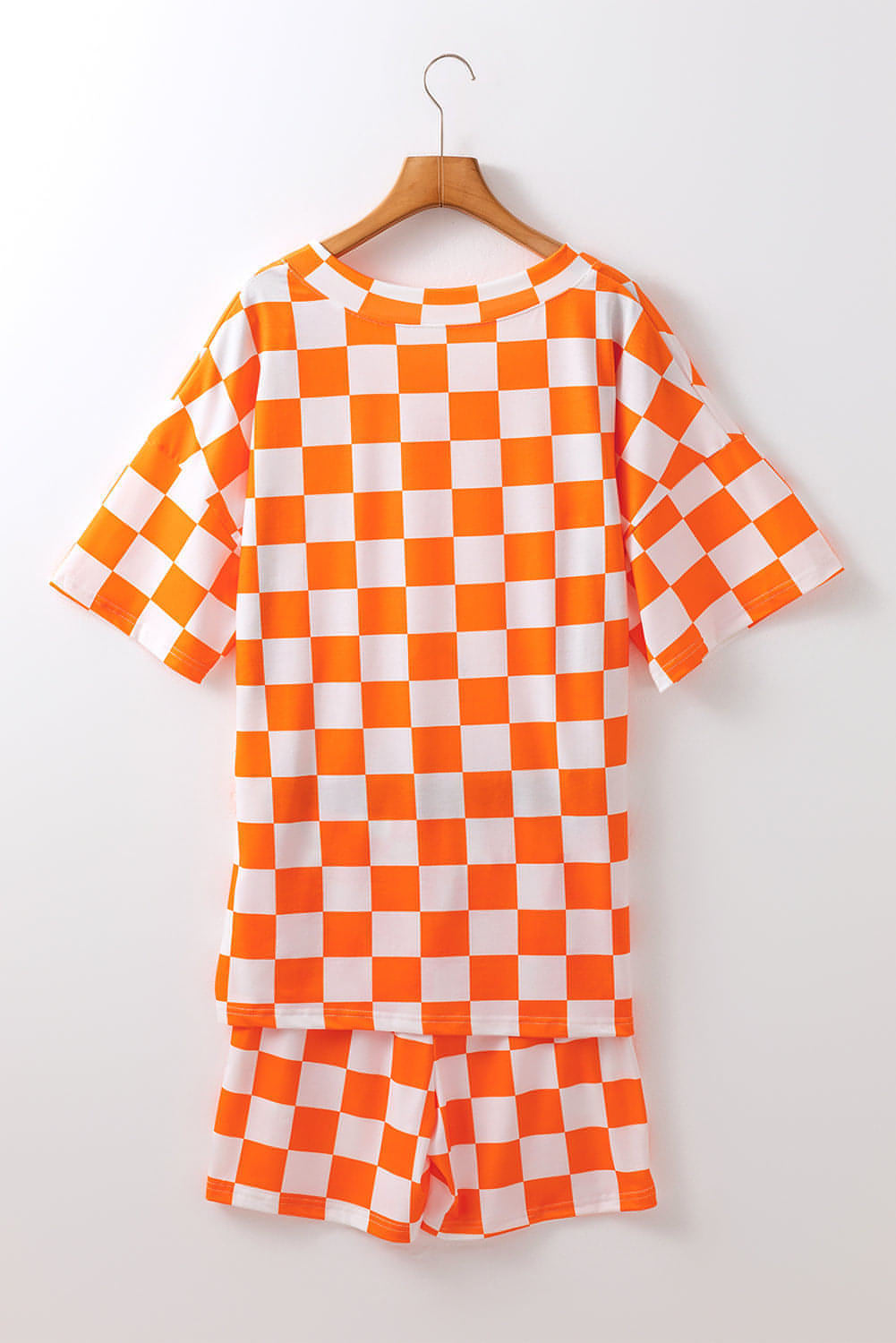 Orange Checkerboard Print V Neck Loose Tee and Shorts Lounge Set