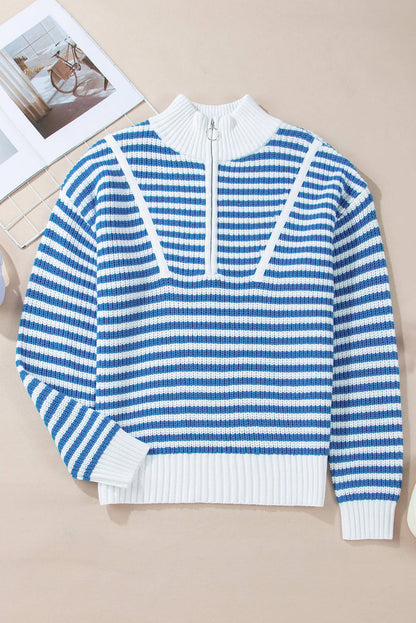 Sky Blue Stripe Zip Up kraag druppel schoudertrui