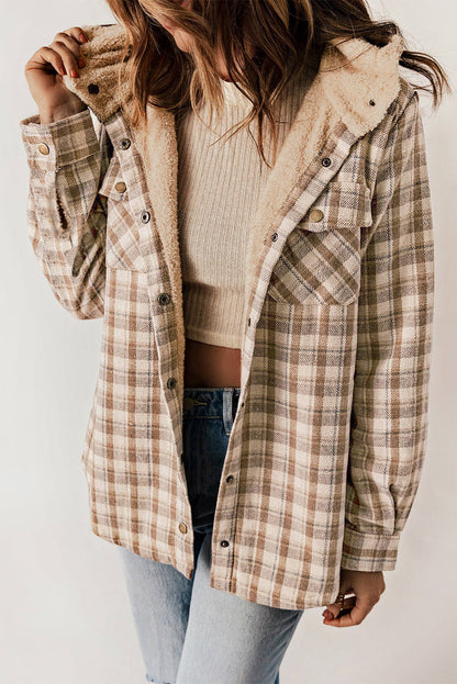 Khaki Plaid Muster Sherpa ausgekleidete Kapuzen Shacket