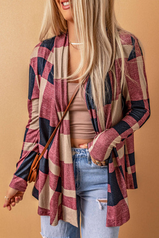 Draped Open Front Plaid Cardigan