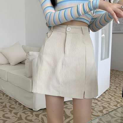 Ladies Retro Corduroy High Waist Slimming Short Skirt