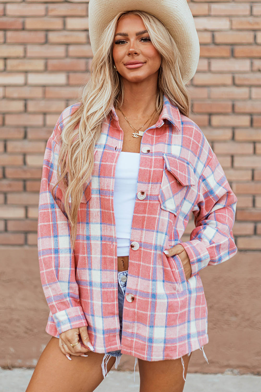 Pink Plaid Flap Pocket -knapp Up Shacket