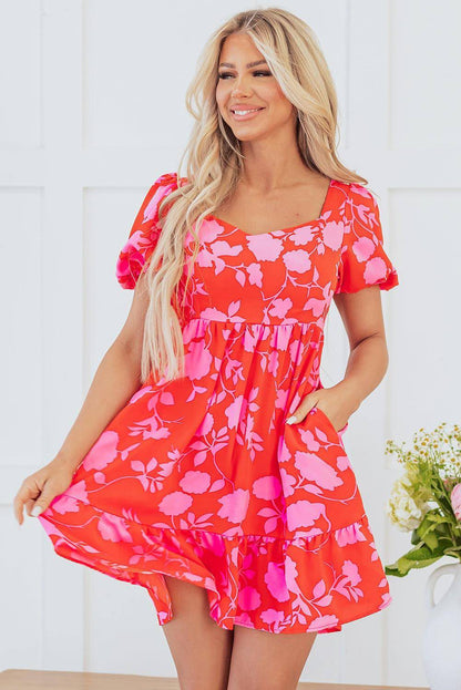 Red Floral Bubble Manga Sweetheart Neck Ruffled Mini Dress