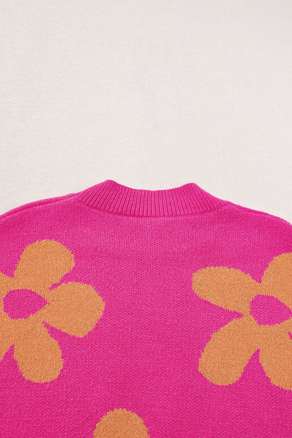 Rose Big Flower Pattern Mock Neck Manum Sleeve Sweater