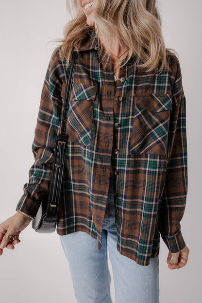 Bruine plaid print borstzakken geknoopt shirt jas