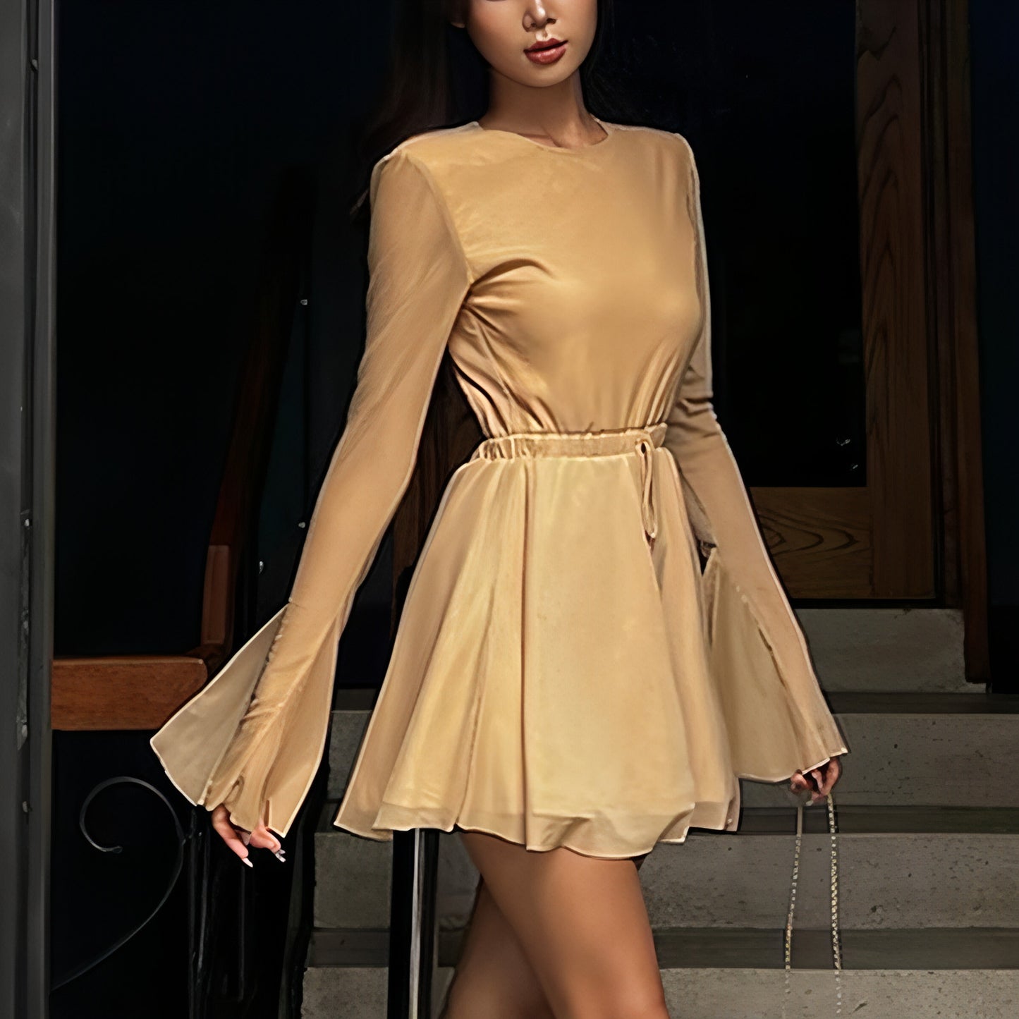 Temperament Crew Neck Horn Long Sleeve Mesh Dress Skinny Skirt