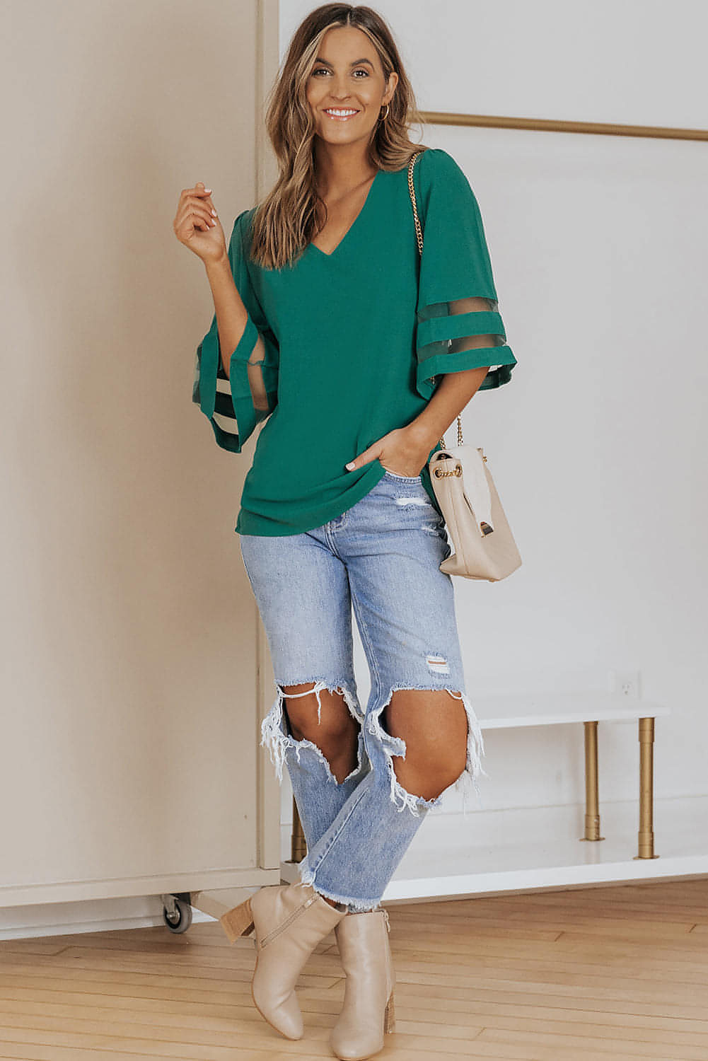 Groene flare mouw v nek losblouse