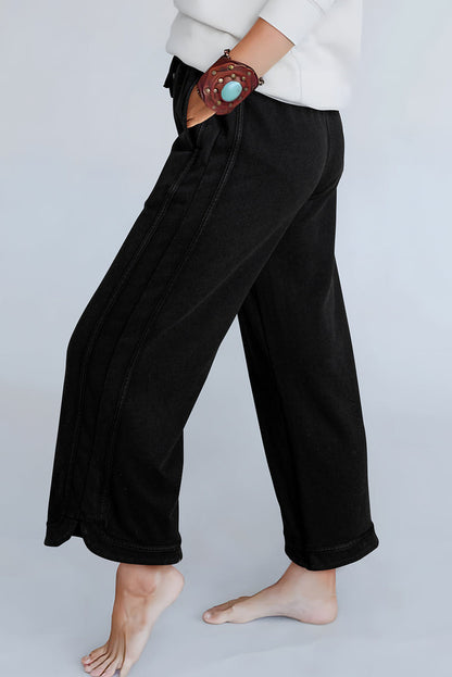 Black Mineral Wash Exposed Seam Wide Leg Bants