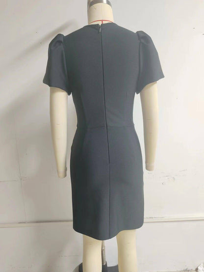 A1. Tube Top Three Bowknot Connection Hollowed Fashion Puff Sleeve Sheath Bandage One-piece Dress