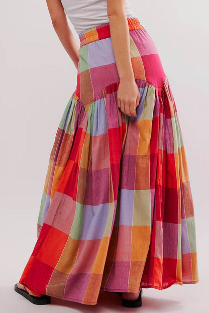 Multicolour Plaid Print Ruched High Waist Casual Maxi Skirt