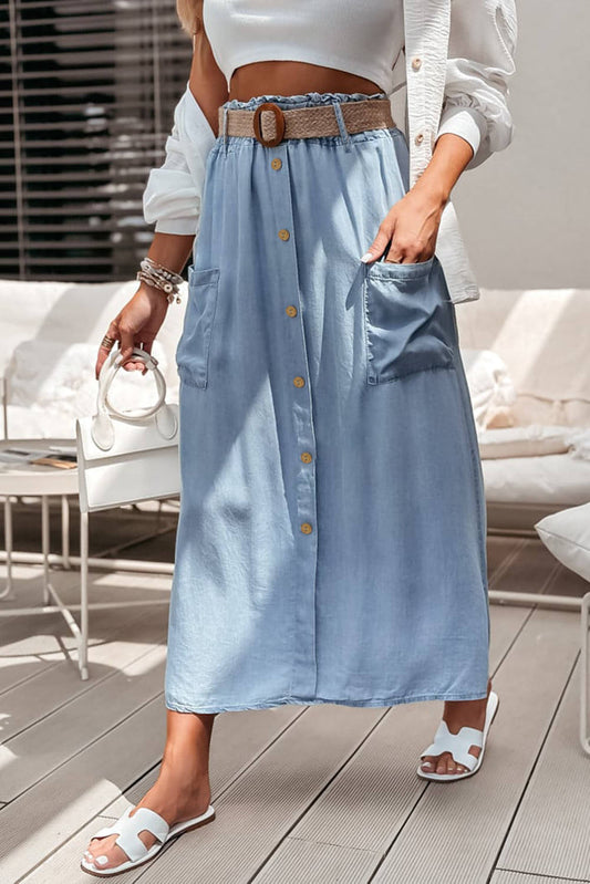 Beau Blue Buttoned Fronthohe Taille Seitentaschen Denim Maxi -Rock