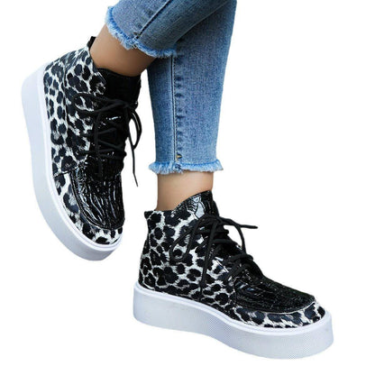 Autumn New High-top Leopard Print Flat-heeled Platform Lace Color Block Casual Women's Shoes