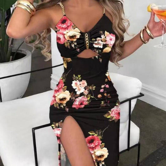 Women's Clothing Split Spaghetti-strap Floral Print Dress