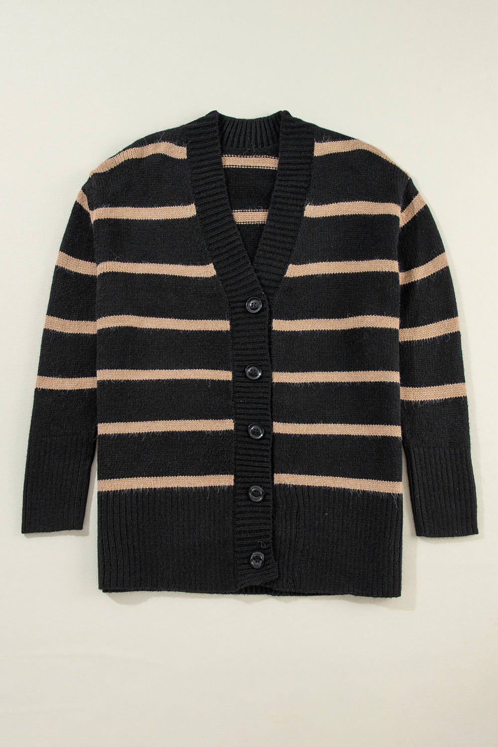 Black Stripe Buttoned V Neck Drop Shoulder Loose Cardigan