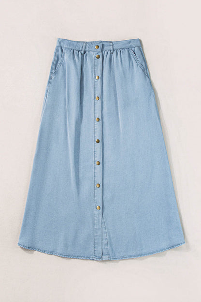 Mist Blue Fully Buttoned Long Denim Skirt