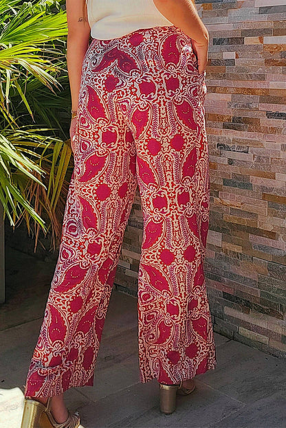 Red Paisley Printed Buttoned High Waist Straight Leg Pants