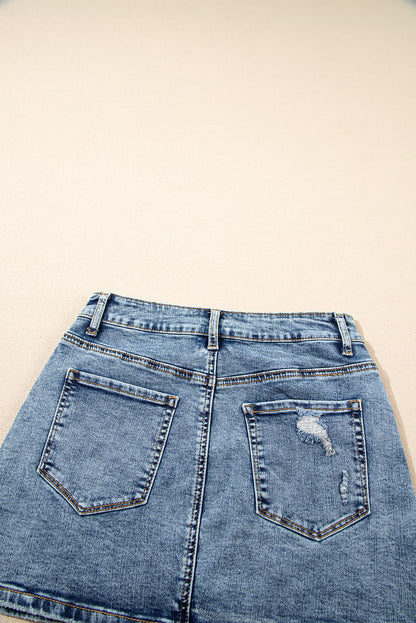 Dusk Blue Rhinestone Distressed Denim High midje minikjol