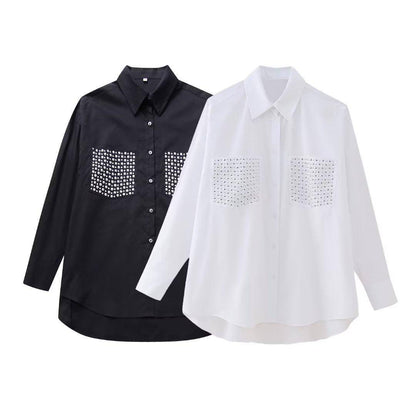 Street Trendy Rivet Ornament Loose Long Sleeve Shirt Women