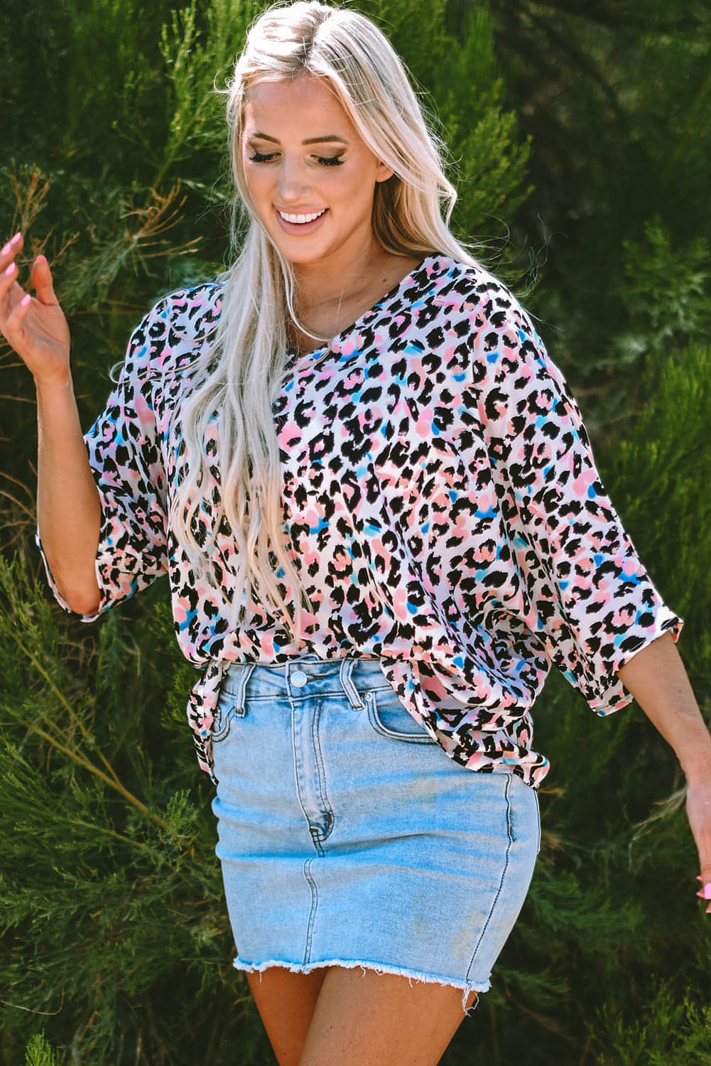 Pink Multicolor Leopard Print gegen Hals Übergroße Bluse